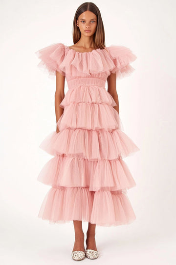 Pink A Line Tulle Tiered Ruffles Formal Dress with Short Sleeves